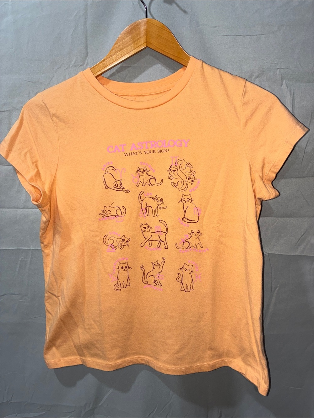 Cat Astrology Short Sleeve Tee - Peach with Pink Print